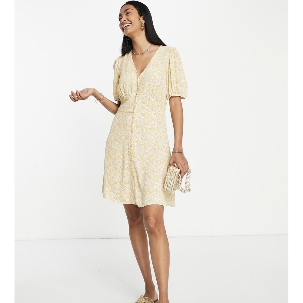 & Other Stories Dress Women's Yellow Floral Button Down Mini Sz XS Cottagecore